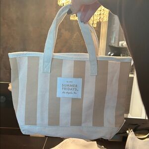 Summer Fridays Mini Tan and White Tote Bag